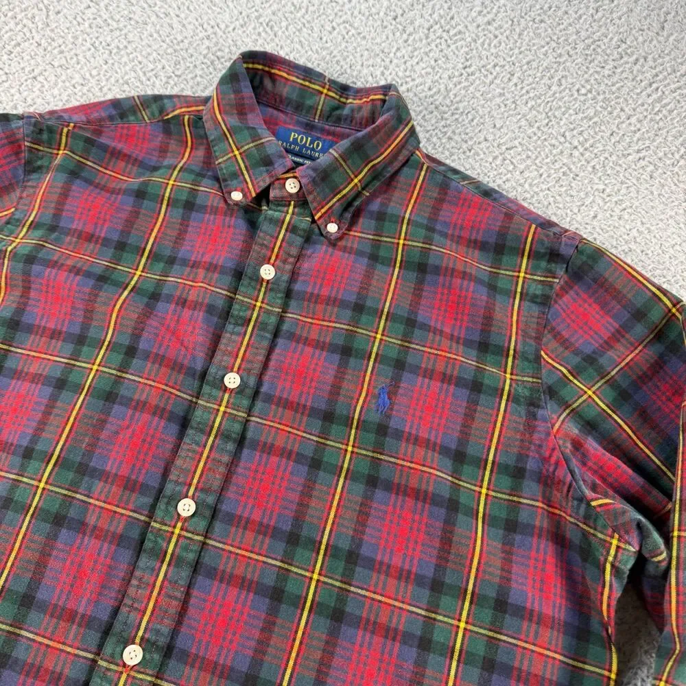 Polo Ralph Lauren Classic Fit Plaid Oxford Shirt Mens Large Red Tartan Check